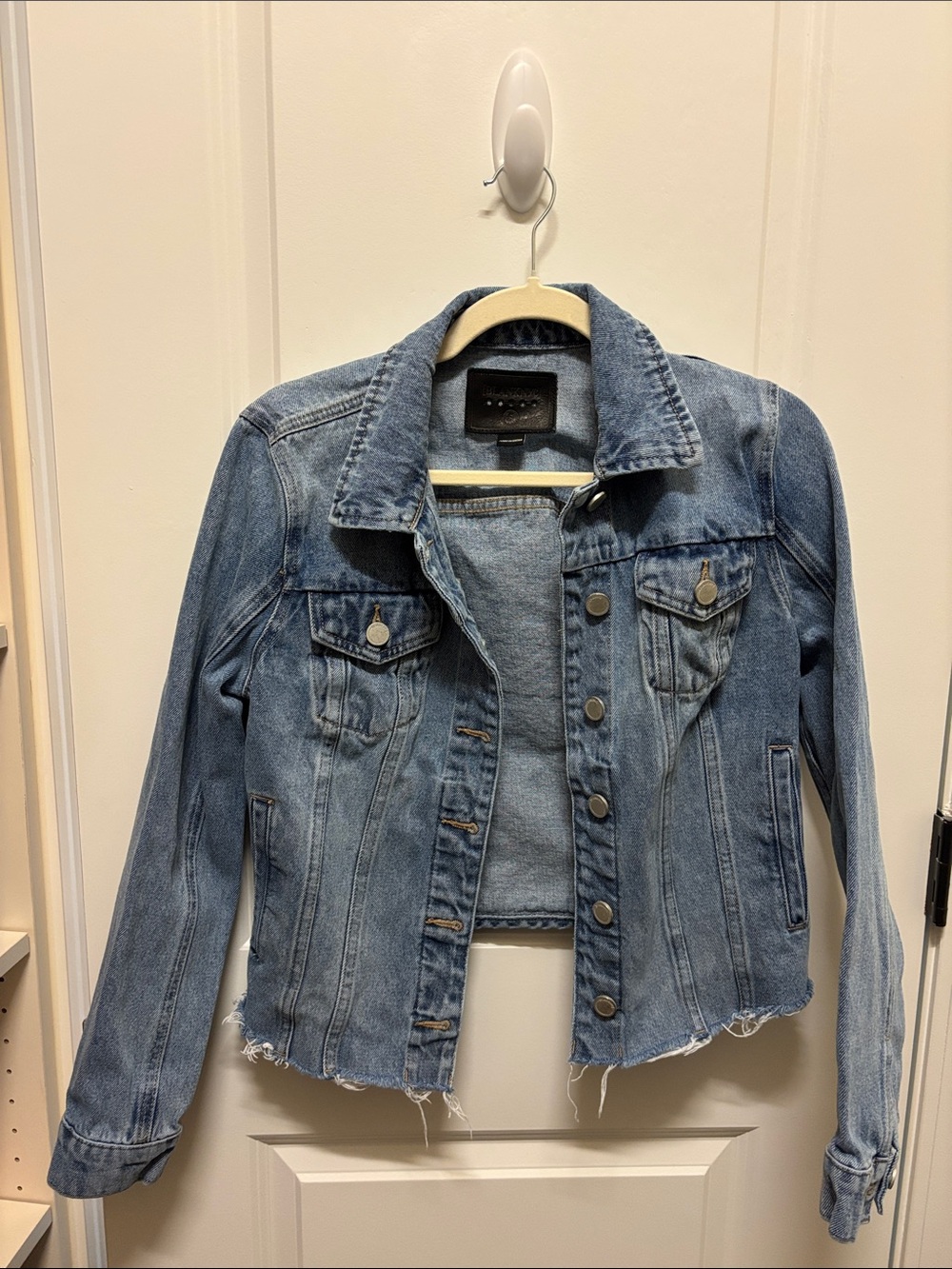 Blank NYC Washed Light Blue Cropped Denim Jacket